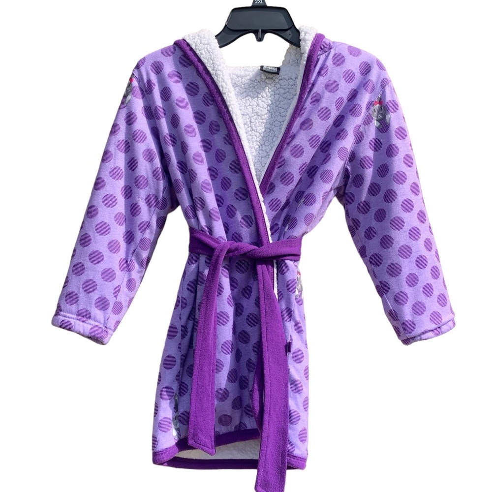 Girls Purple Housecoat / Robe (S) 7/8 purple polka dots and bunny rabbits